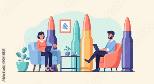 People working on laptops amidst giant bullet-shaped objects