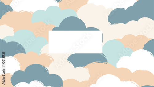 Whimsical abstract background showcases a charming arrangement of soft pastel brush stroke clouds, with a central white rectangular frame for text.