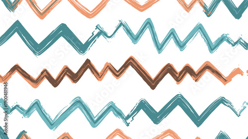 Lively seamless pattern showcases a vibrant arrangement of horizontal zigzag brush strokes in refreshing teal, warm brown, and soft peach tones.