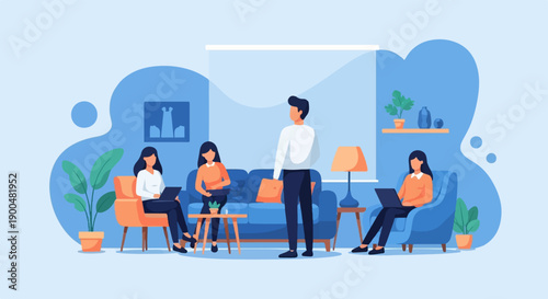 People working on laptops and collaborating in a modern home office setting