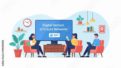 People working on laptops around a large screen displaying network information