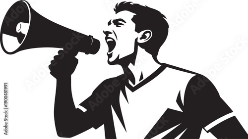 Silhouette of a fan leader (Capo) shouting into a megaphone, leading the chants, sharp edges, white background.