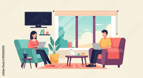 People working on laptops from home in a cozy living room