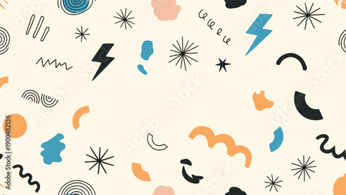 Playful seamless pattern features a whimsical collection of abstract doodles, including lightning bolts, stars, and squiggles, in pastel colors on a cream background.