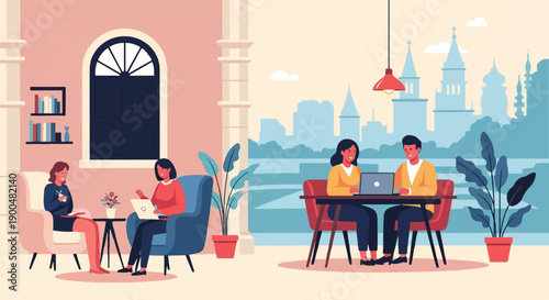 People working on laptops in a cafe with a cityscape view