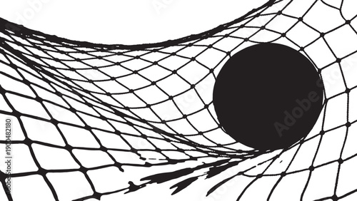Silhouette of a soccer ball hitting the back of the net, net stretching outward, dynamic, white background.