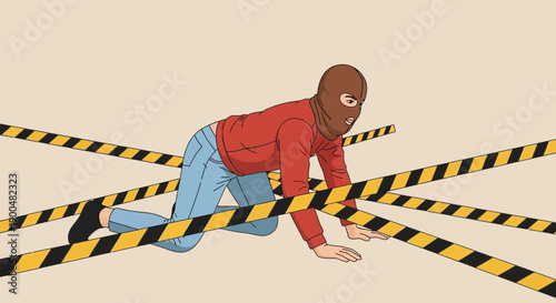 Thief in balaclava mask crawling under caution tape obstacle