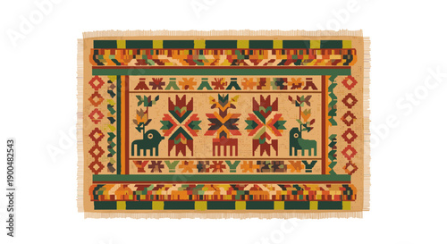 Colorful patterned burlap mat isolated on a white background with intricate geometric and animal motifs