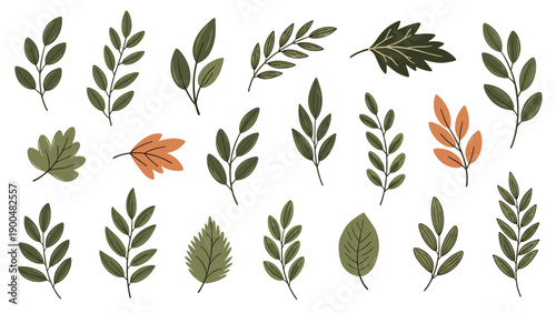 Charming collection of diverse stylized leaves and slender branches in a harmonious palette of green and muted orange tones, ideal for botanical designs.