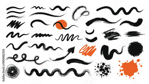 Comprehensive collection of dynamic black brush strokes, artistic swirls, directional arrows, and paint splatters, highlighted with vibrant orange accents.