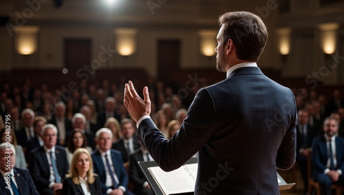Male speaker in dark suit gestures while addressing an audience in formal attire during a conference in a well-lit auditorium with wooden paneling