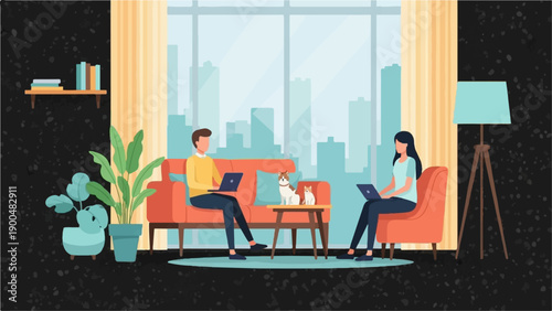 People working on laptops in a living room with pets and city view