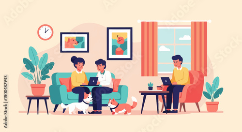 People working on laptops in a living room with pets