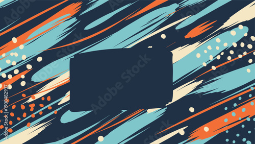 Vibrant abstract background features energetic brush strokes and playful dots in a lively color palette, with a central dark blue frame for text.