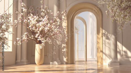 A serene architectural interior featuring arched doorways and floral arrangements, evoking a sense of elegance and tranquility.