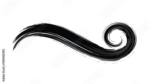 Elegant single black brush stroke forms a graceful, fluid wave with a distinctive curled end, perfect for artistic and decorative elements.
