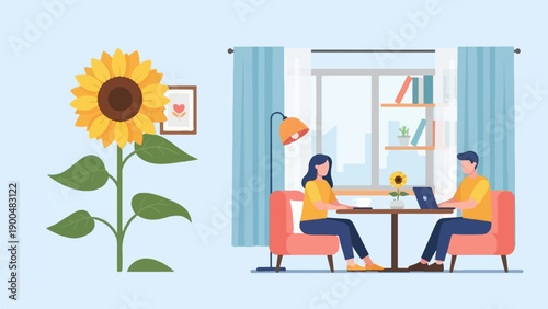 People working on laptops in a room with a sunflower and a window