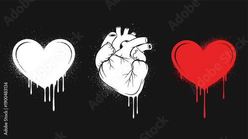 Edgy set of graffiti-style hearts, including an outline, anatomical, and solid red heart, with vibrant paint drips and spray texture on a dark background.