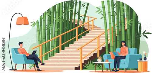 People working on laptops in a serene bamboo grove with a staircase
