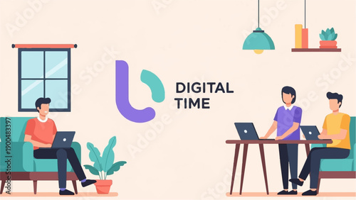 People working on laptops indoors with a window and decor