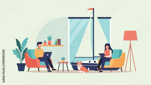 People working on laptops inside with a dog and a sailboat decor