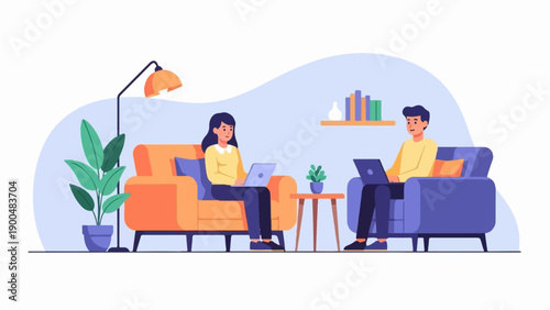 People working on laptops on comfy sofas in a cozy living room