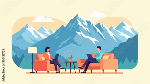 People working on laptops on couches, with snowy mountains background