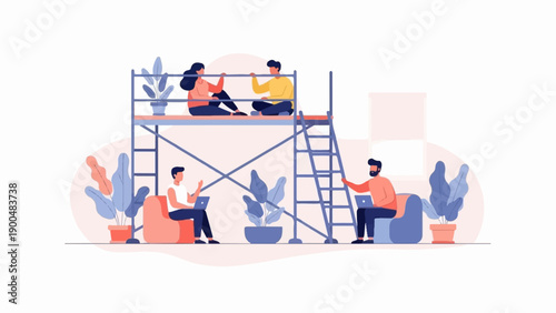 People working on laptops on scaffolding with plants