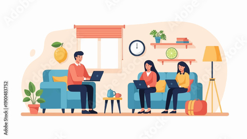 People working on laptops on sofas in a living room