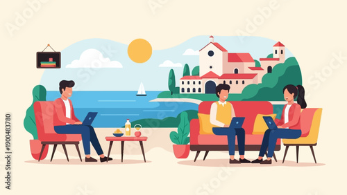 People working on laptops outdoors with a scenic coastal view