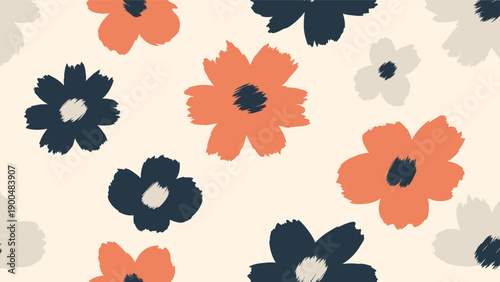 Artistic and modern seamless pattern featuring abstract brush stroke flowers in a palette of deep blue, warm orange, and light grey on a soft beige background, creating a chic floral design.