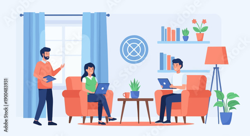 People working on laptops in a cozy living room with plants and books