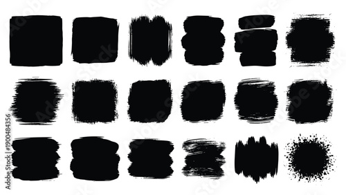 Comprehensive collection of hand-drawn black brush stroke squares and rectangles with varying textures and opacities, ideal for graphic design elements, backgrounds, and artistic frames.