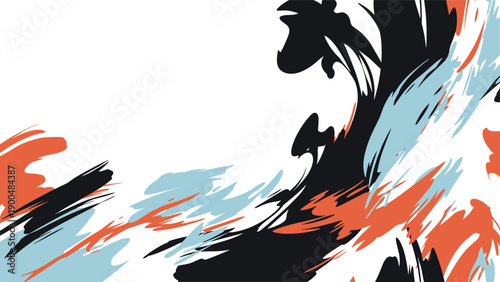 Dynamic and abstract background featuring expressive brush strokes in a vibrant palette of black, blue, and orange, creating a modern and artistic splash effect with copy space.