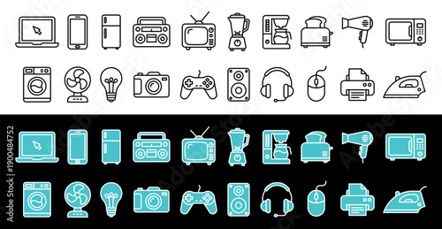 Household electronics icon set for technology and appliance categories in line and fill style