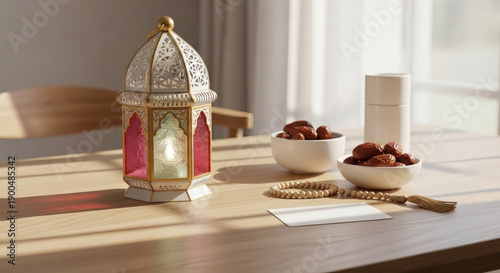 Ramadan Kareem Still Life with Traditional Lantern, Dates, and Prayer Beads on Wooden Table