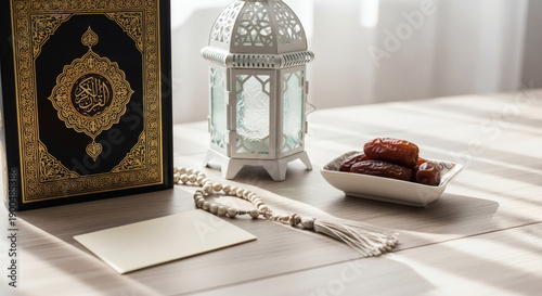 Ramadan Kareem Still Life with Quran, Traditional Lantern, Dates, and Prayer Beads on Wooden Table