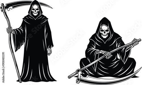 Grim reaper skeleton silhouettes holding scythe showing death horror dark fantasy character design for halloween gothic spooky vector illustration set