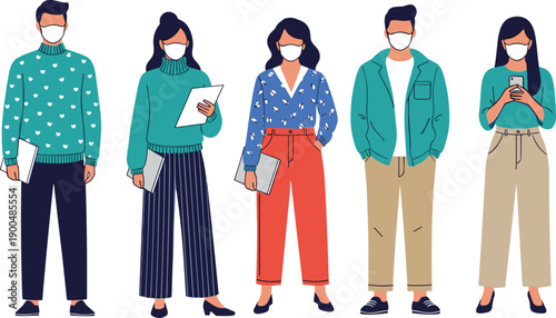 People wearing face masks vector illustration, modern men and women with medical masks, pandemic safety concept, flat design characters isolated