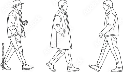 Walking men outline illustration, side view male characters in coats and jackets, continuous line art isolated on white background