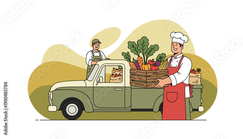 Chef loads fresh produce from farm truck for delivery.