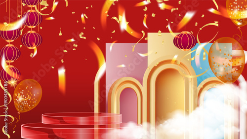 Chinese New Year celebration scene featuring red multi tier podium elegant golden arches hanging traditional lanterns. Decorated with sparkling gold balloons against
