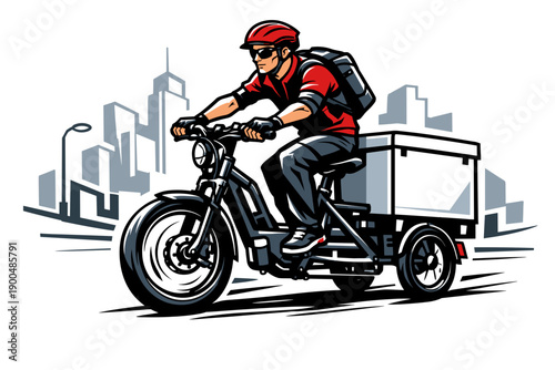 Delivery man riding a three wheeled electric scooter in city.