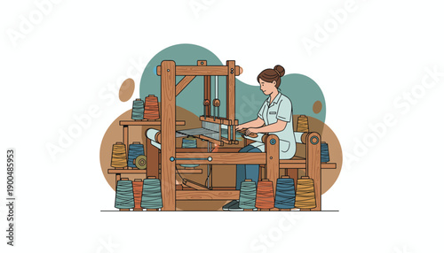Woman weaving fabric on a traditional wooden loom.