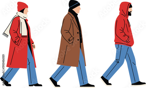 People walking in winter clothing illustration, minimalist flat design characters in coats and hats isolated on white background