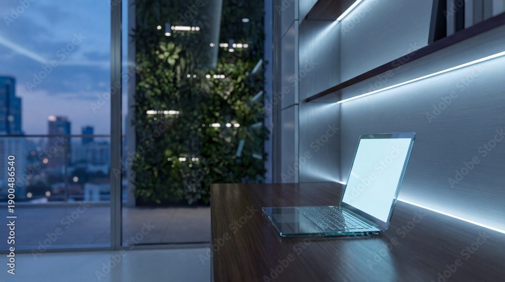 Fototapeta premium Luxury penthouse office interior with a next-generation glass laptop