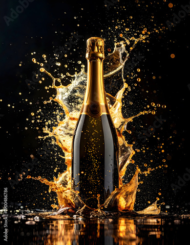 Champagne Bottle Splashing Liquid Gold Bubbles Celebration Luxury Dark Background Stock Media