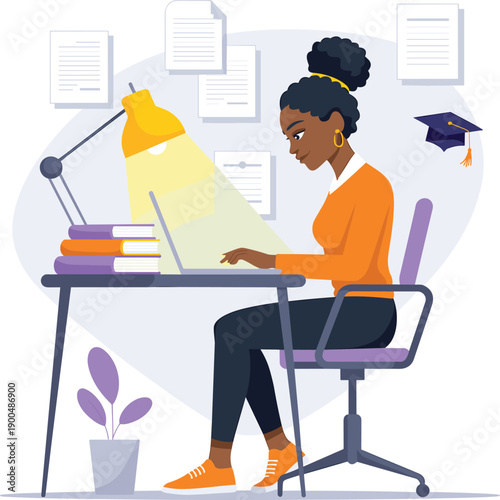 Student studying at desk, academic focus, productive learning, graduation cap symbol, books and laptop, education concept, flat vector illustration