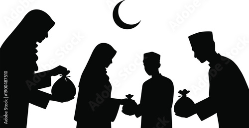 Islamic Silhouette Collection of Muslim People Practicing Zakat, Multiple Scenes of Giving Charity Bags, Eid Mubarak Social Unity, Flat Vector Illustration