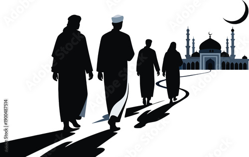 Islamic Silhouette of Large Muslim Community Walking Together Toward Mosque for Eid Prayer, Traditional Clothing with Crescent Moon Background, Spiritual and Peaceful Flat Vector